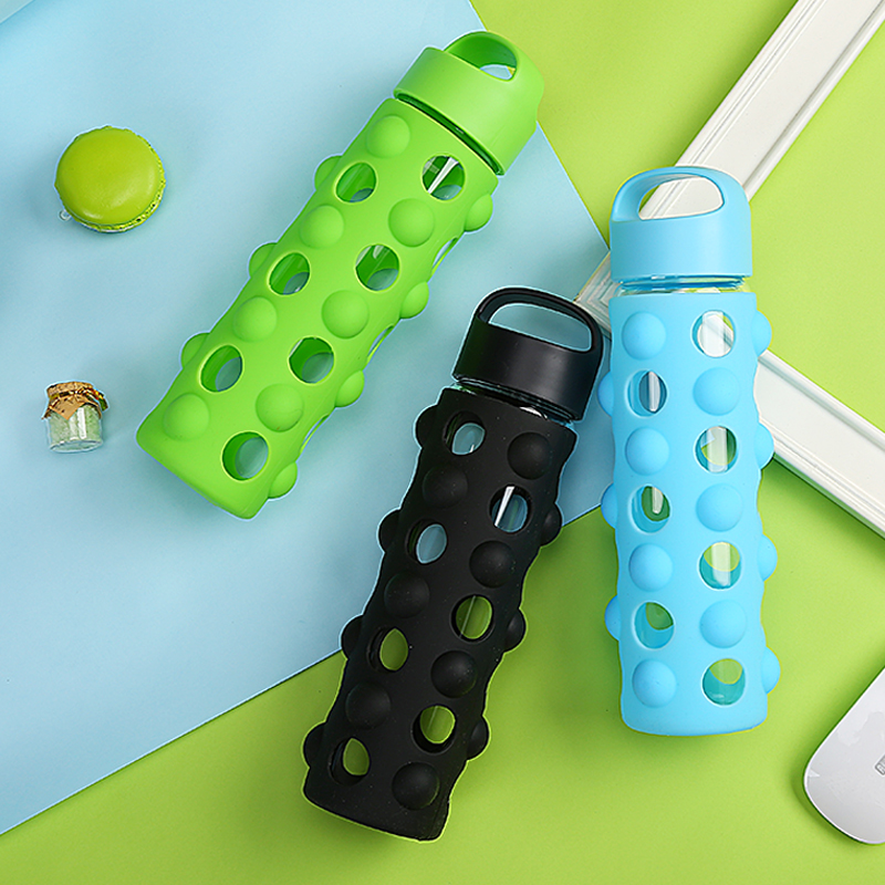 Glass Water Bottle with Plastic Flip Cap and Silicone Sleeve (22